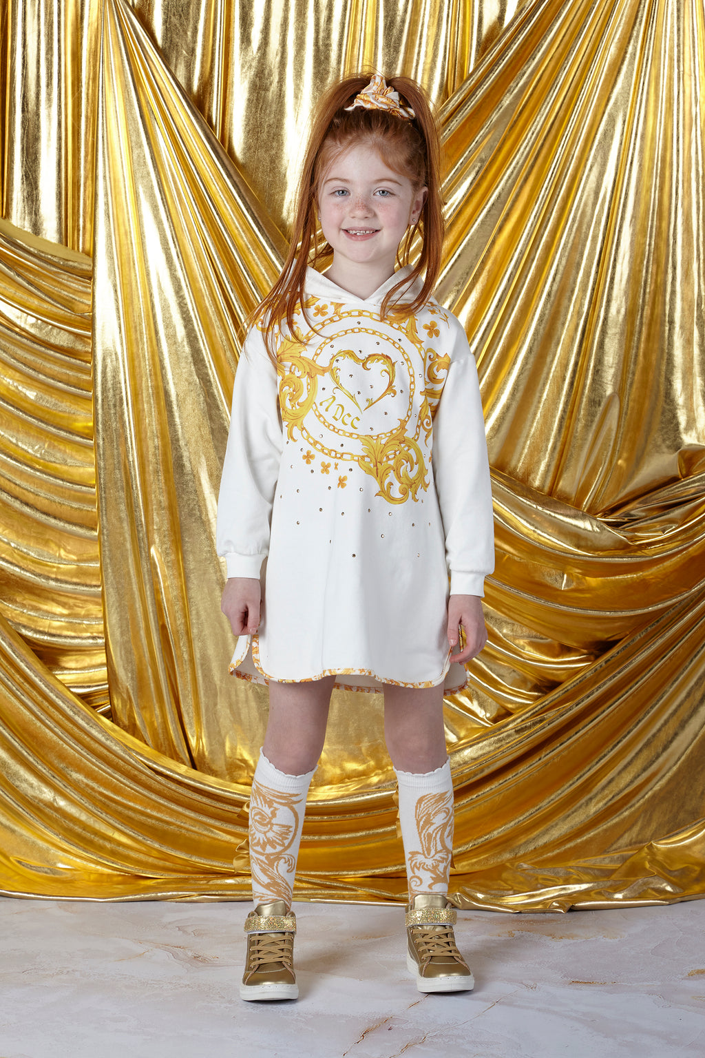 AW23 ADee BELLA White & Gold Heart Baroque Print Hooded Dress