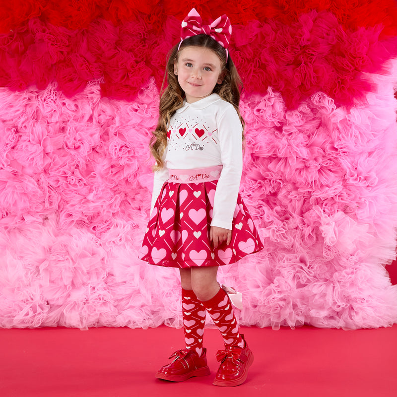 PREORDER AW25 ADee LYLA White Pink & Red Heart Print Skirt Set
