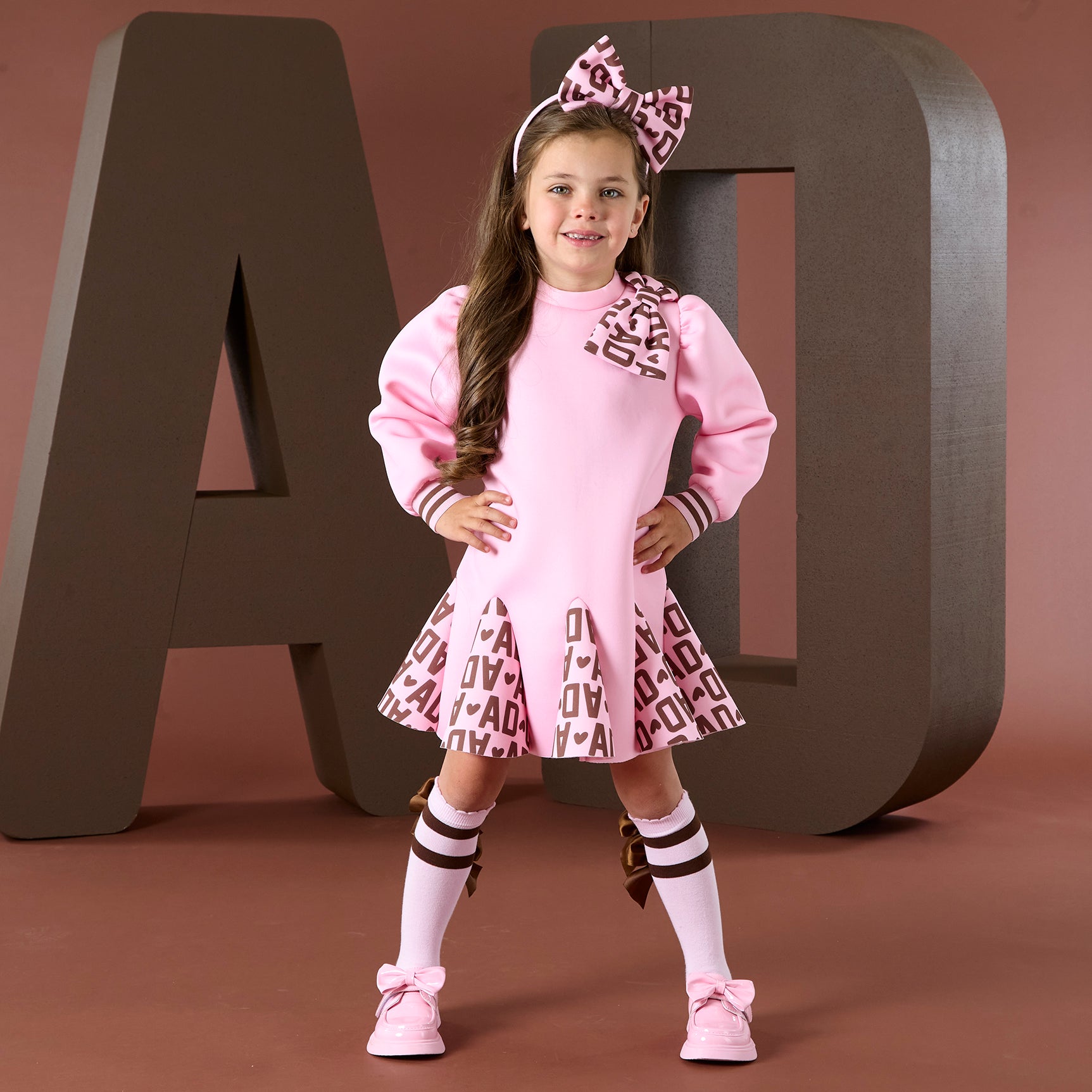 AW25 ADee MAISIE Pink Initial Print Bow Dress