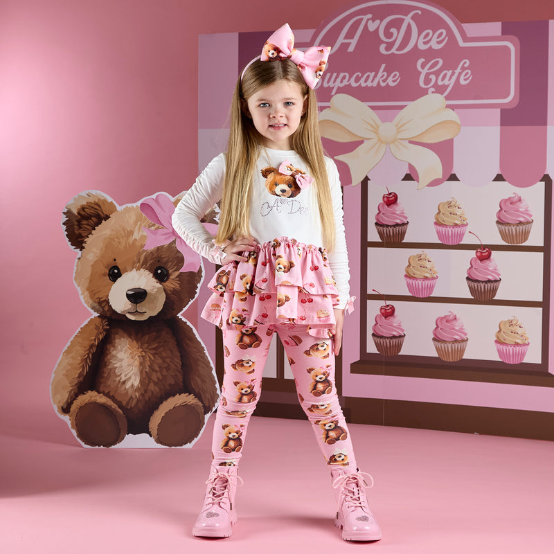 AW25 ADee MADISON White & Pink Bear Print Logo Leggings Set