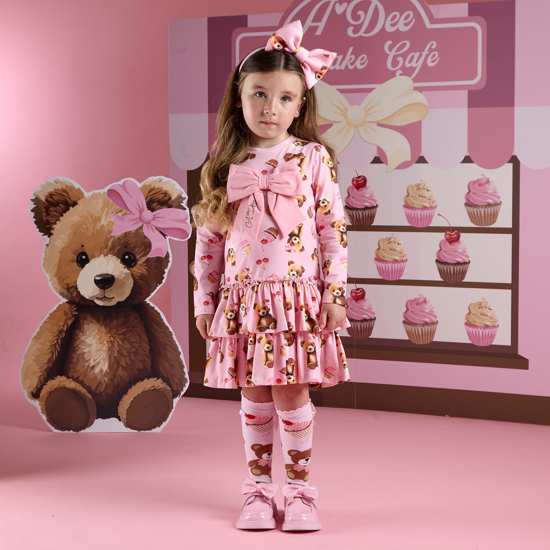 AW25 ADee LIBERTY Pink Bear Print Triple Frill Bow Dress
