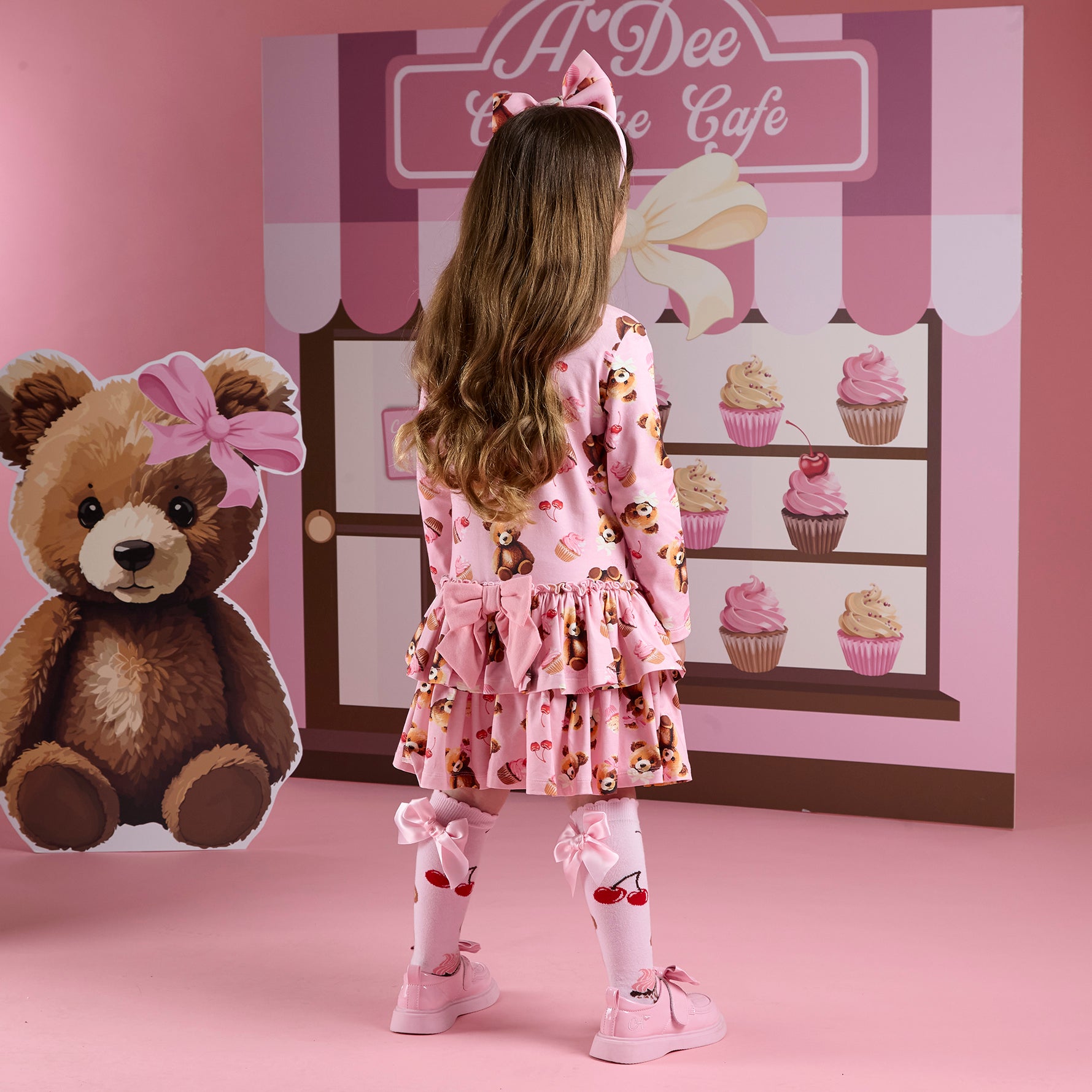 AW25 ADee LIBERTY Pink Bear Print Triple Frill Bow Dress