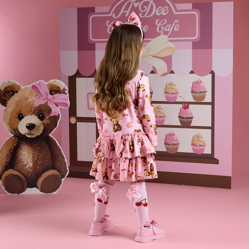 AW25 ADee LIBERTY Pink Bear Print Triple Frill Bow Dress