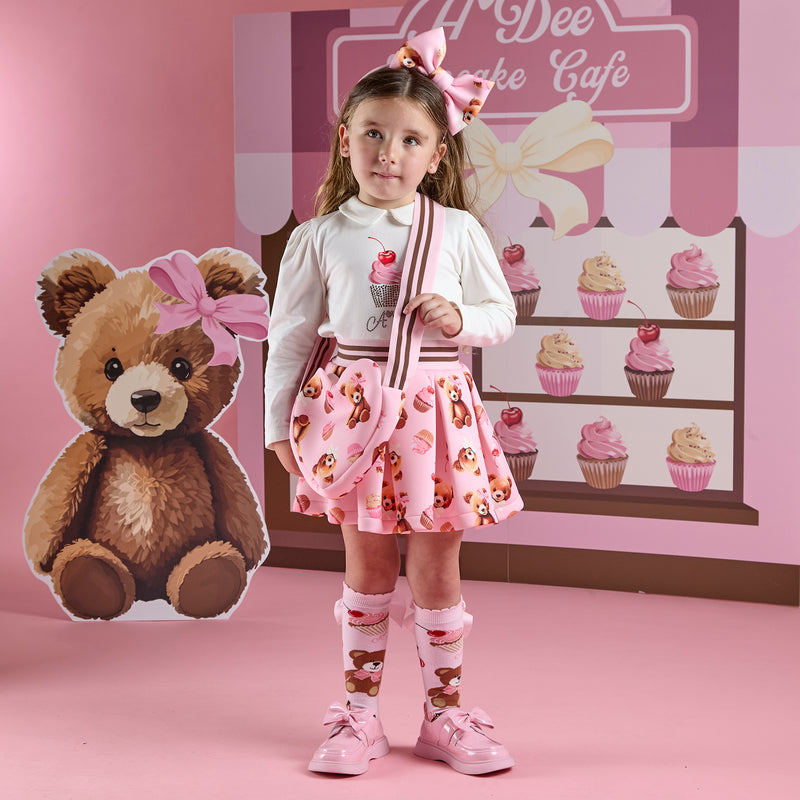 AW25 ADee MABEL White Cupcake Bear Print Logo Skirt Set