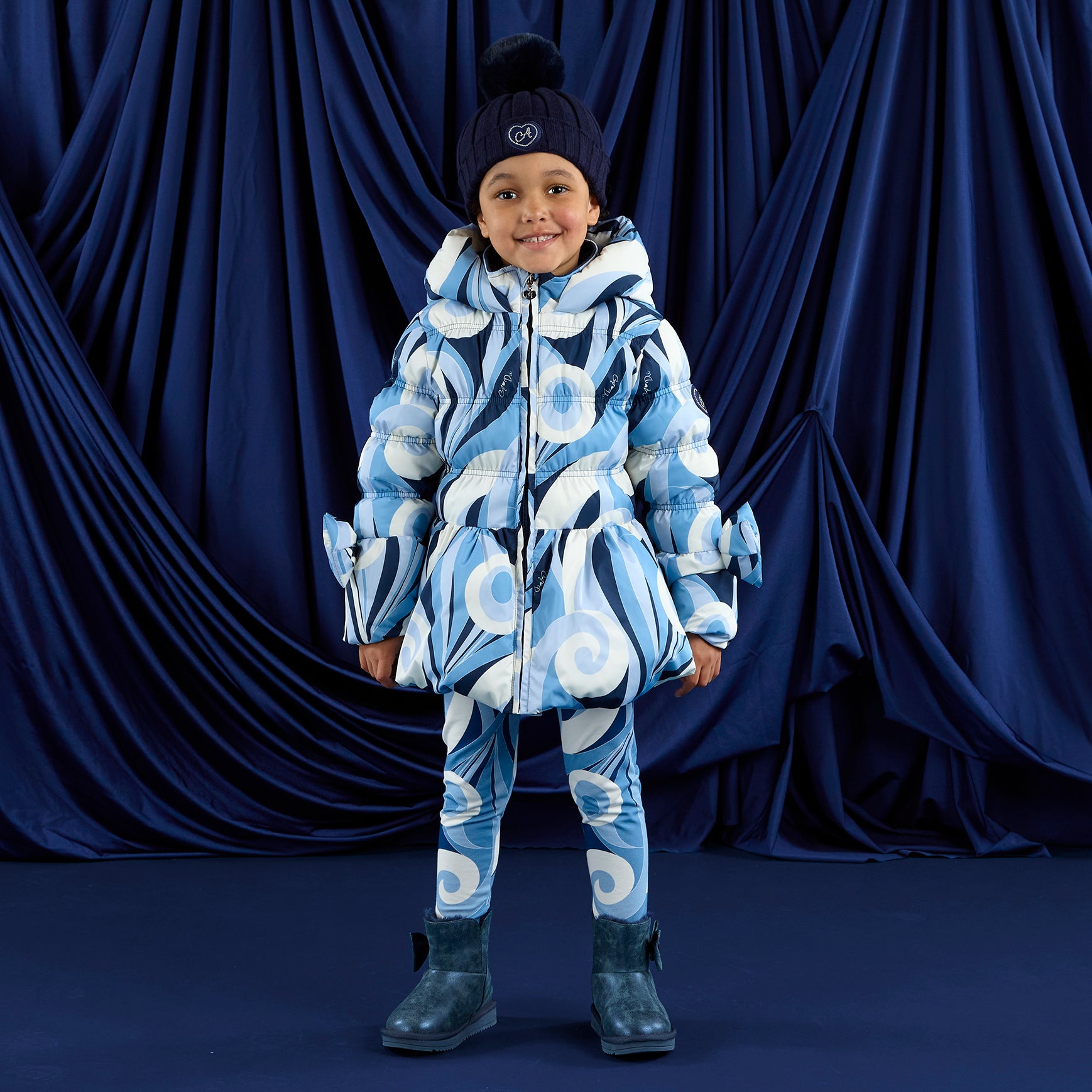 AW25 ADee NYLAH Blue & White Swirl Print Bow Coat
