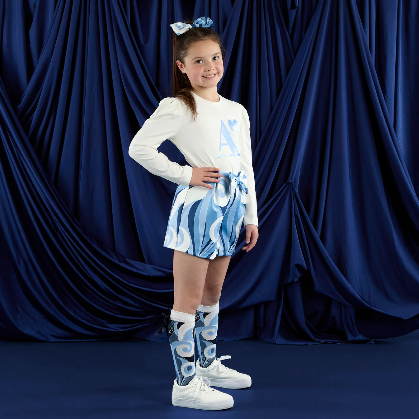 AW25 ADee NOVA White & Blue Swirl Print Shorts Set