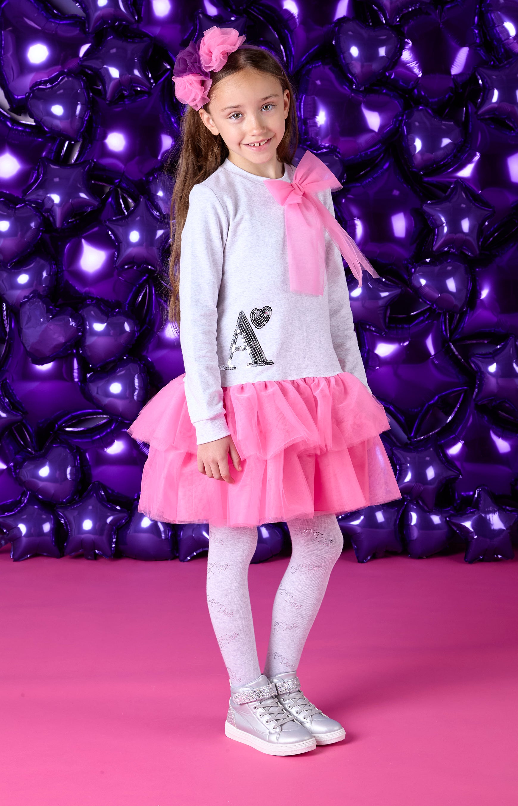 ADee THEA Light Grey & Pink Bow Logo Sweat Dress