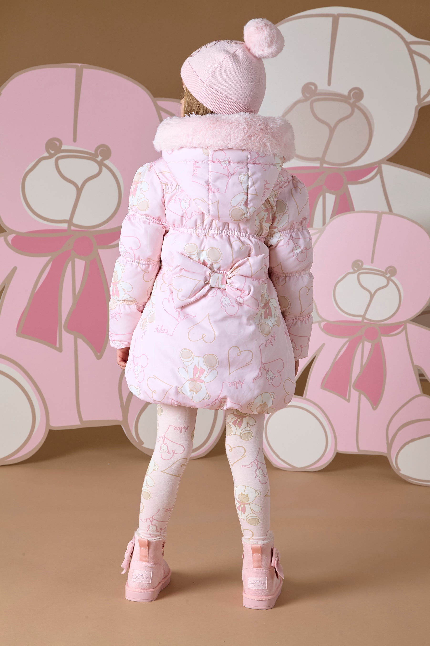 ADee STELLA Baby Pink Faux Fur Hooded Teddy Print Jacket
