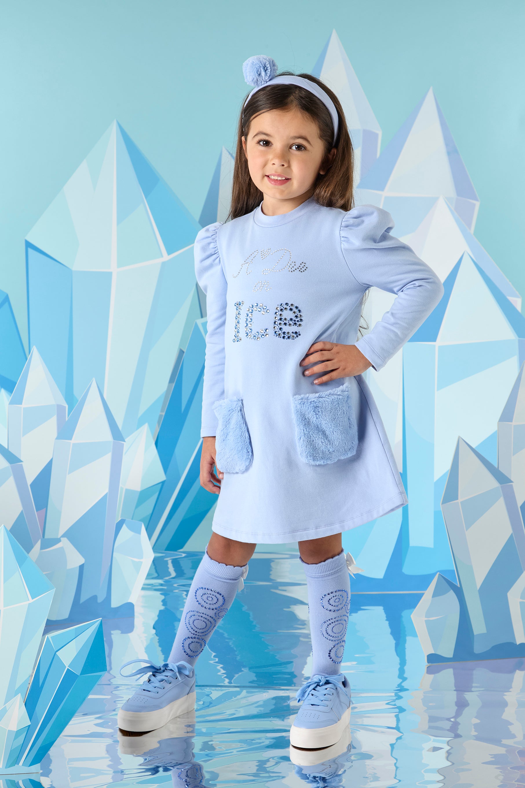 ADee POPPY Iced Blue Faux Fur Pockets Dress