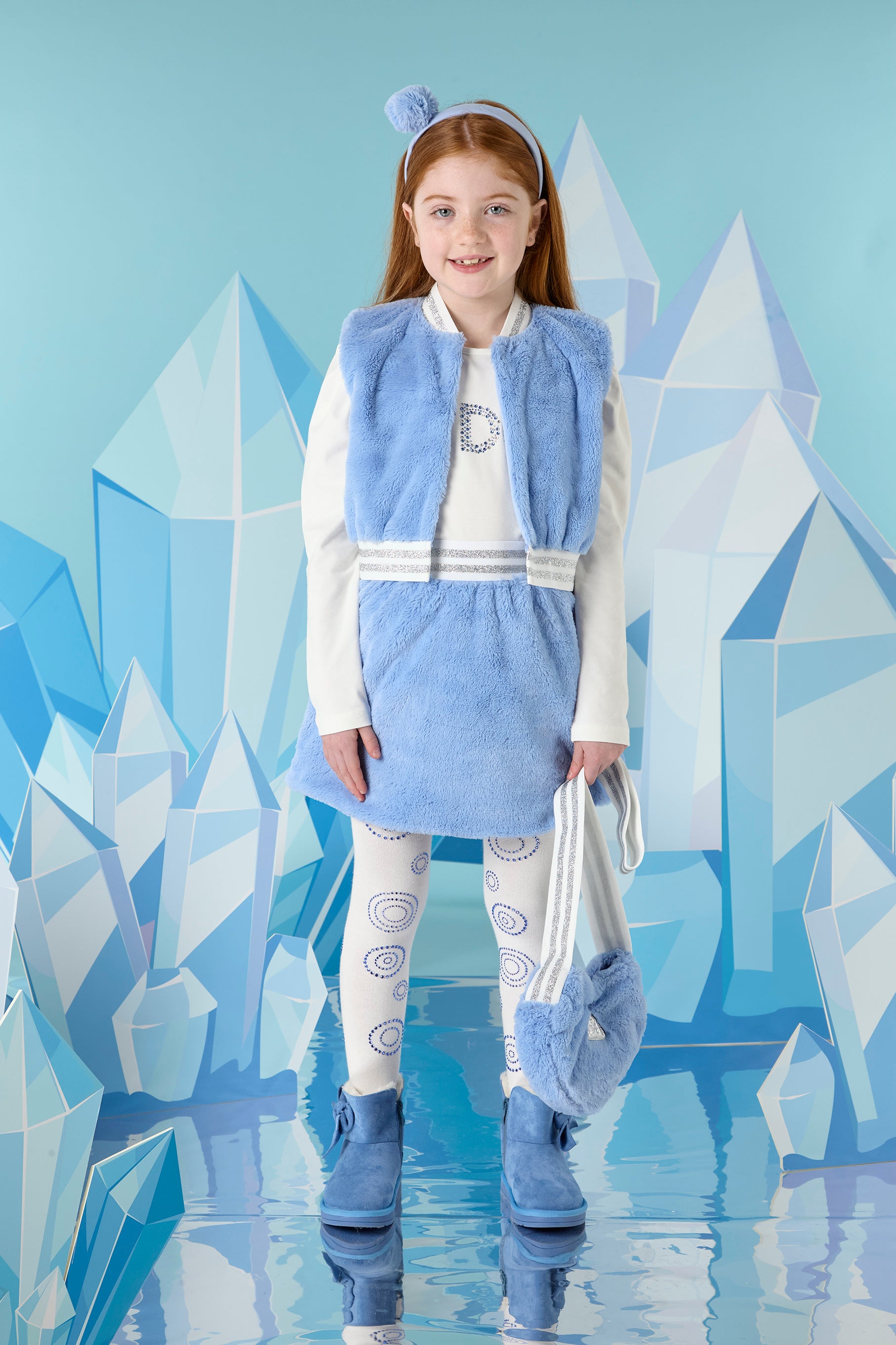 ADee PHEONIX & PRINNY Iced Blue & Snow White Faux Fur Three Piece Gilet & Skirt Set