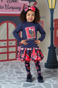 ADee RUTH Navy Blue Red & Pink Envelopes Stamp Dress
