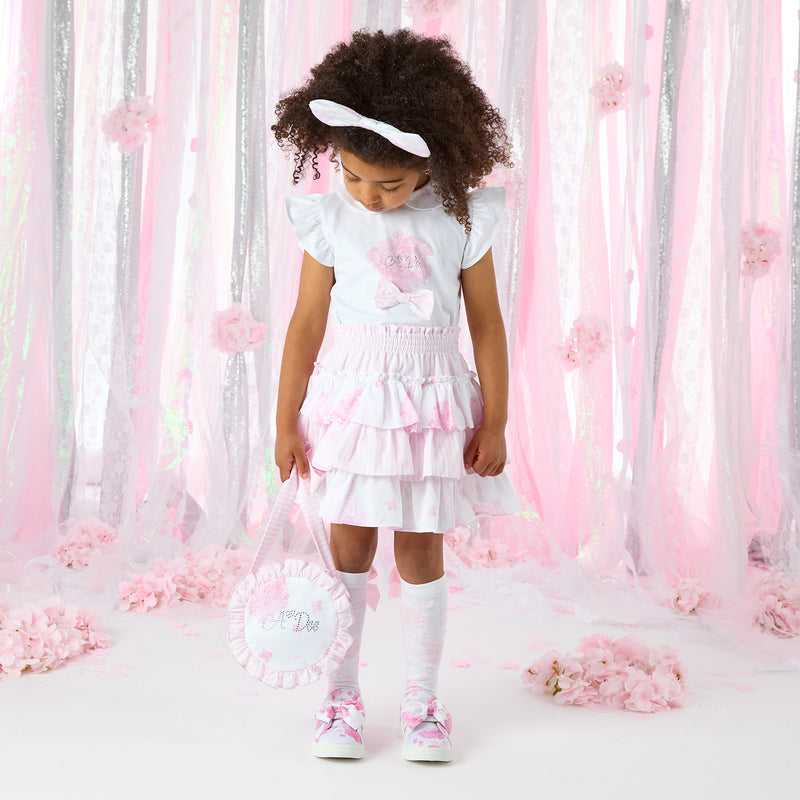 SS25 ADee CASEY White & Pink Hydrangea Frill Skirt Set