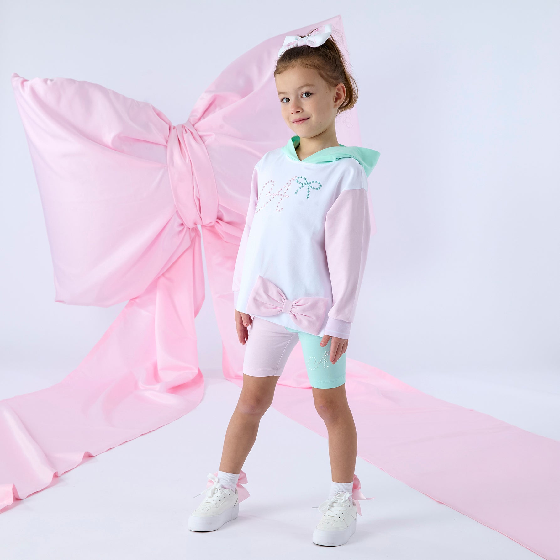PREORDER SS26 ADee REESE White Green & Pink Bow Hoody Cycling Shorts Set