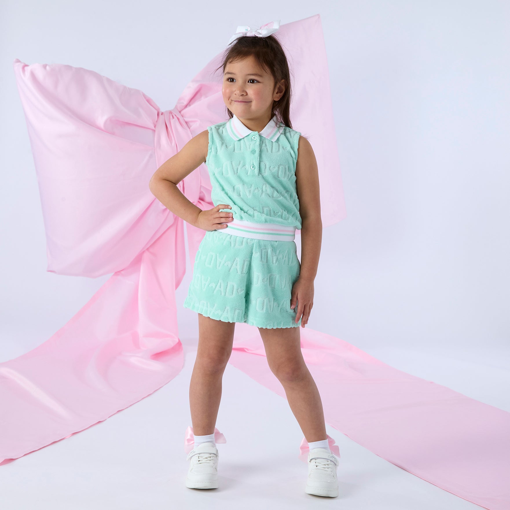 PREORDER SS26 ADee ROMI Green Pink & White Logo Terry Towelling Shorts Set