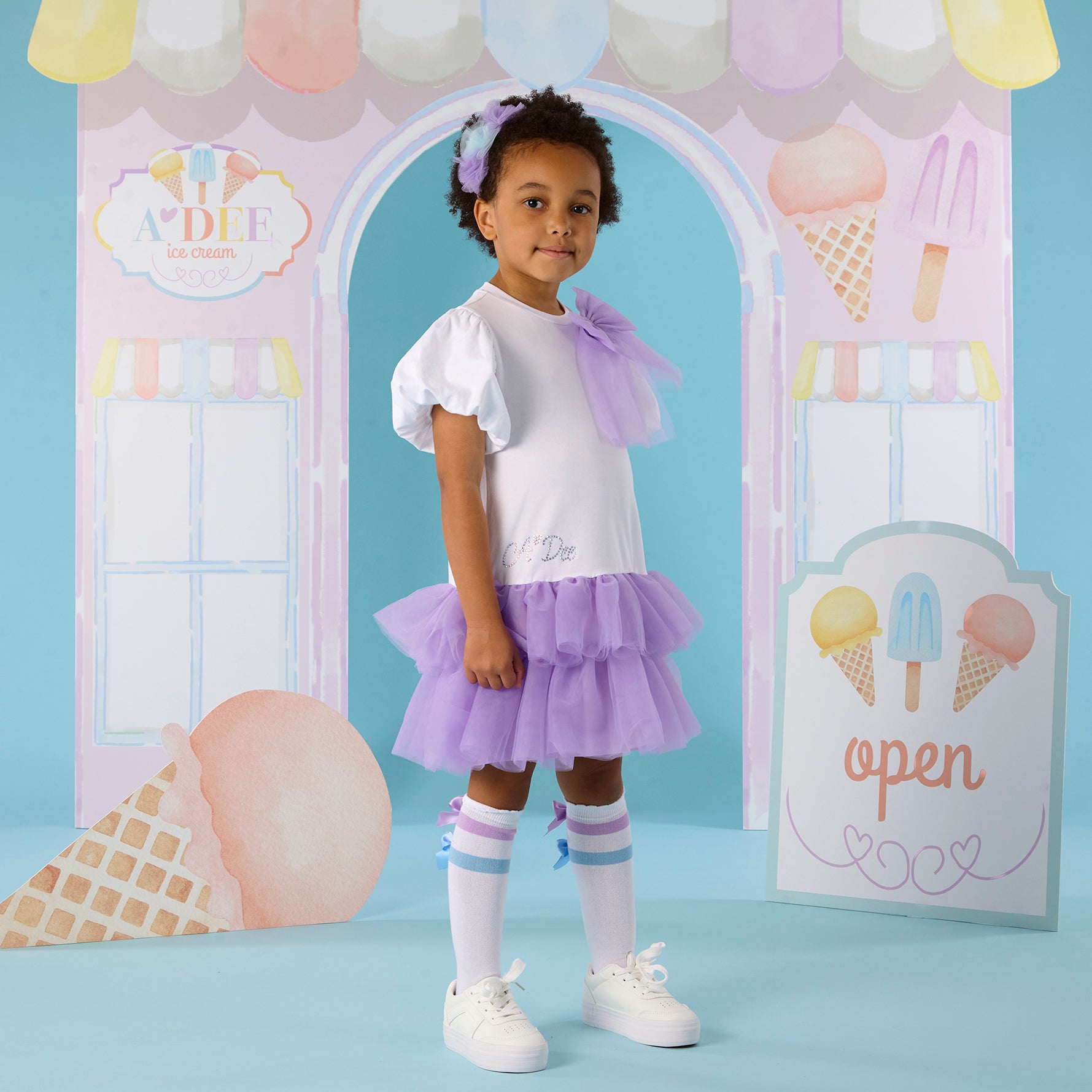 PREORDER SS26 ADee SPARKLE White & Purple Tulle Bow Frill Dress