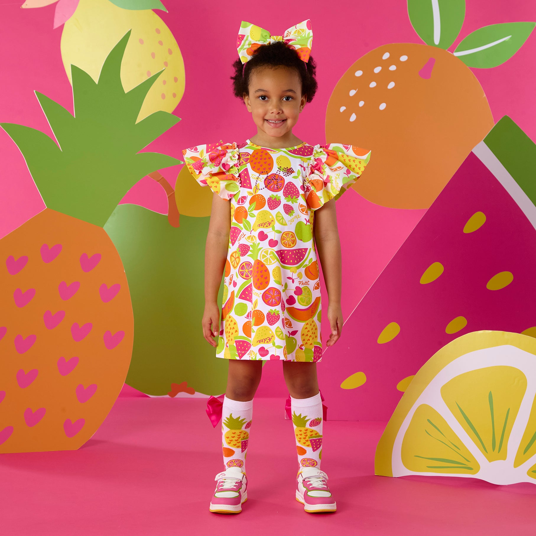 PREORDER SS26 ADee TAMARA Multicoloured Fruit Print Bow Frill Dress