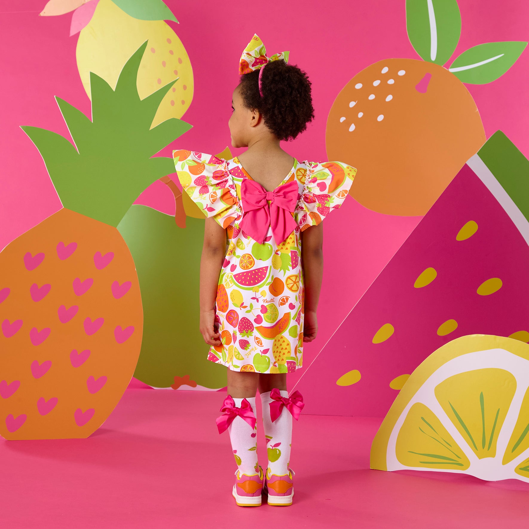 PREORDER SS26 ADee TAMARA Multicoloured Fruit Print Bow Frill Dress