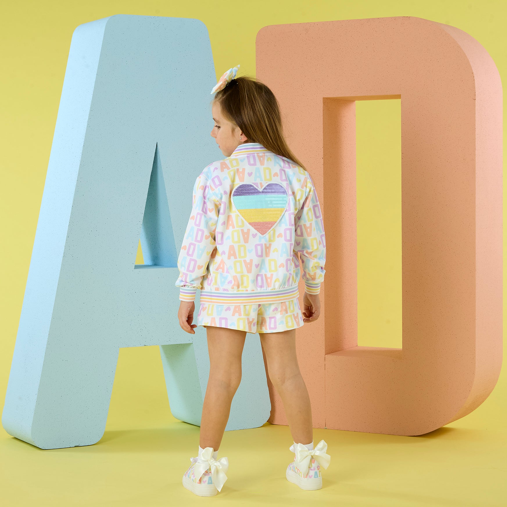 PREORDER SS26 ADee SASSY Multicoloured Initial Print Sequin Heart Bomber Jacket