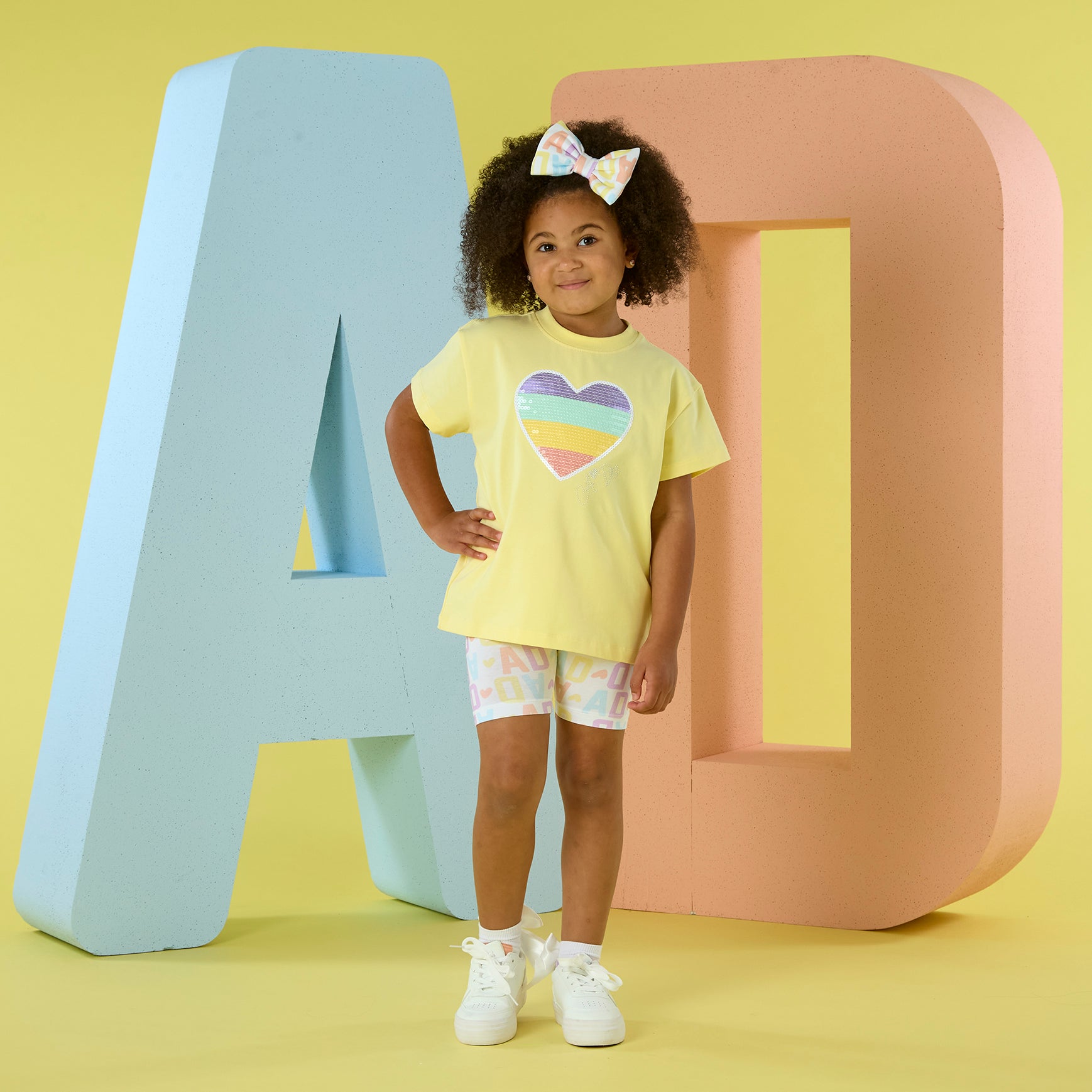 PREORDER SS26 ADee SAZ Yellow Multicoloured Sequin Heart Initial Print Cycling Shorts Set