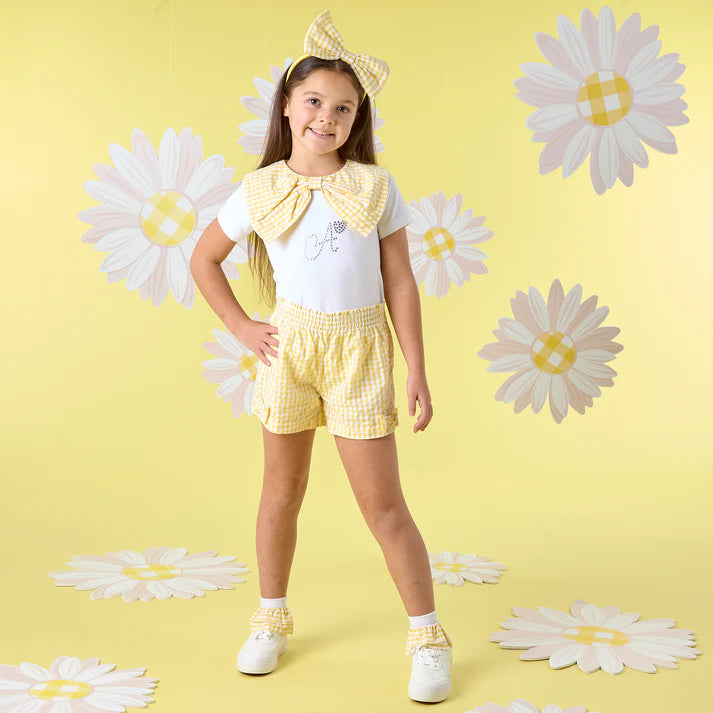 SS25 ADee DIXIE White & Yellow Checked Bow Logo Shorts Set