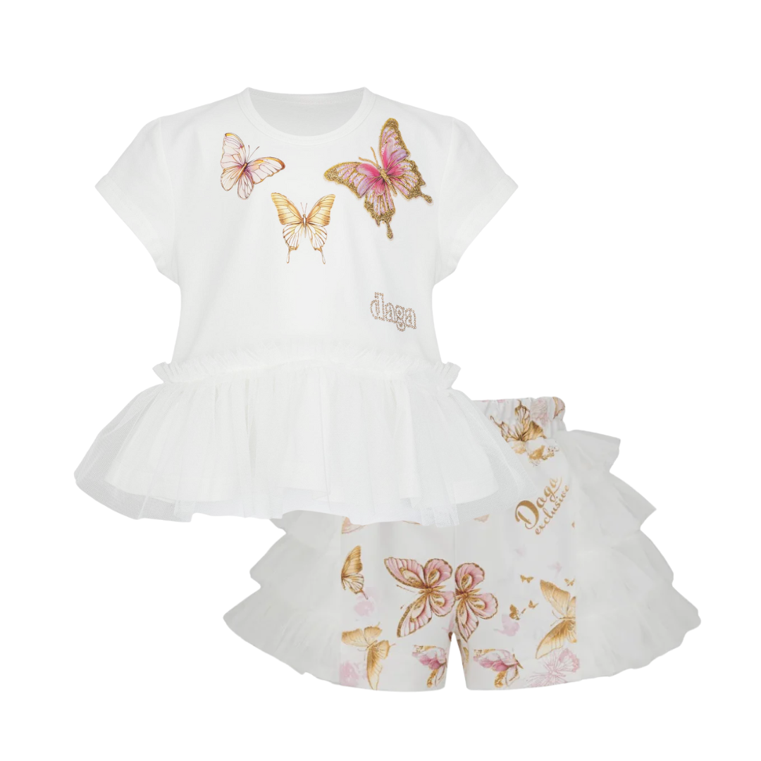 PREORDER SS26 Daga White Gold & Pink Triple Butterfly Tulle Frill Shorts Set