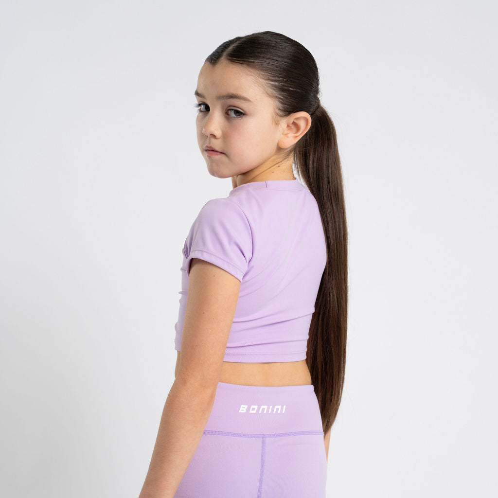 PREORDER SS26 Bonini ASPIRE Lilac & White Logo Short Sleeve Ruched Top