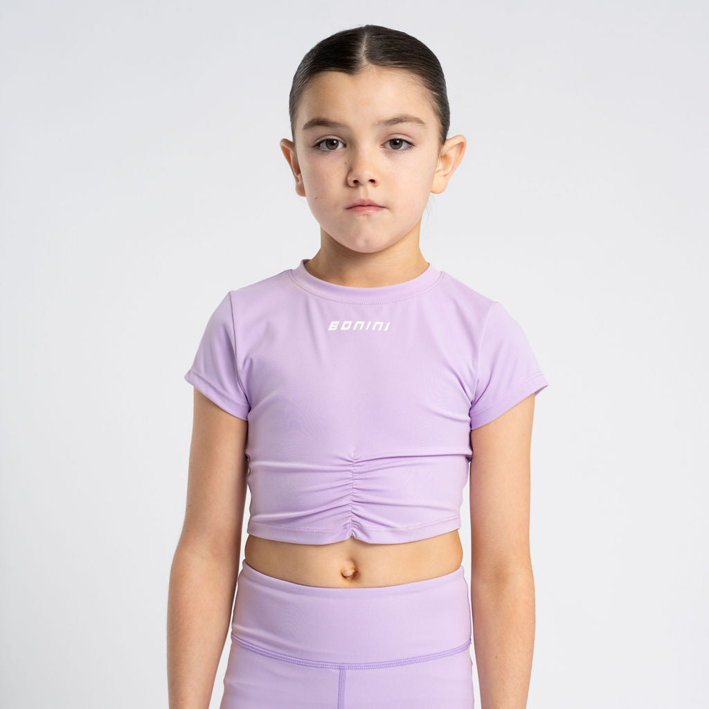 PREORDER SS26 Bonini ASPIRE Lilac & White Logo Short Sleeve Ruched Top