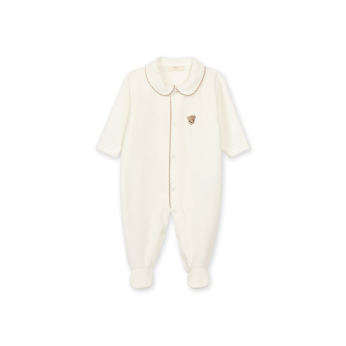 Baby Gi Unisex Ivory & Brown Trim Velour Bear Babygrow