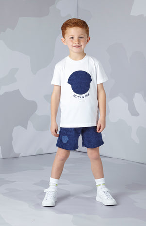 SS24 Mitch & Son Junior WILMER & WHITMORE Bright White & Blue Navy Terry Towelling T-Shirt & Short Set