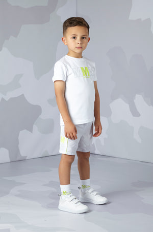 SS24 Mitch & Son Junior WINSTON & WILLIS Bright White & Light Grey Triple 'M' T-Shirt & Camo Swim Short Set