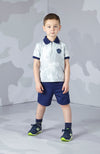SS24 Mitch & Son Junior WARREN & WYLIE Light Grey & Blue Navy Camo Polo & Knitted Poly Short Set