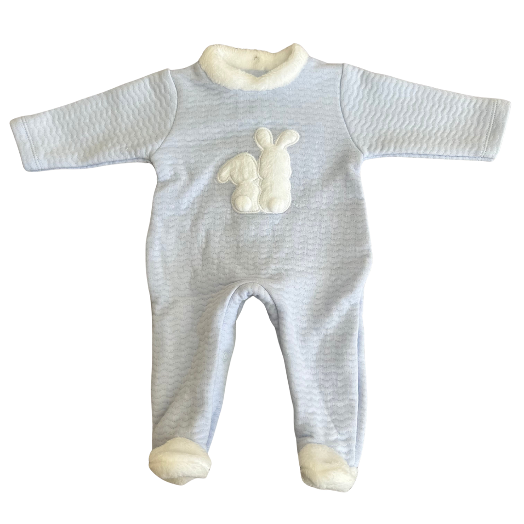 Deolinda Blue & White Faux Fur Collar Bunnies Babygrow
