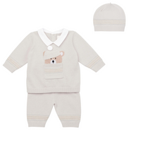Emile Et Rose HUDSON Beige & White Knit Teddy Bear Trouser Set With Hat