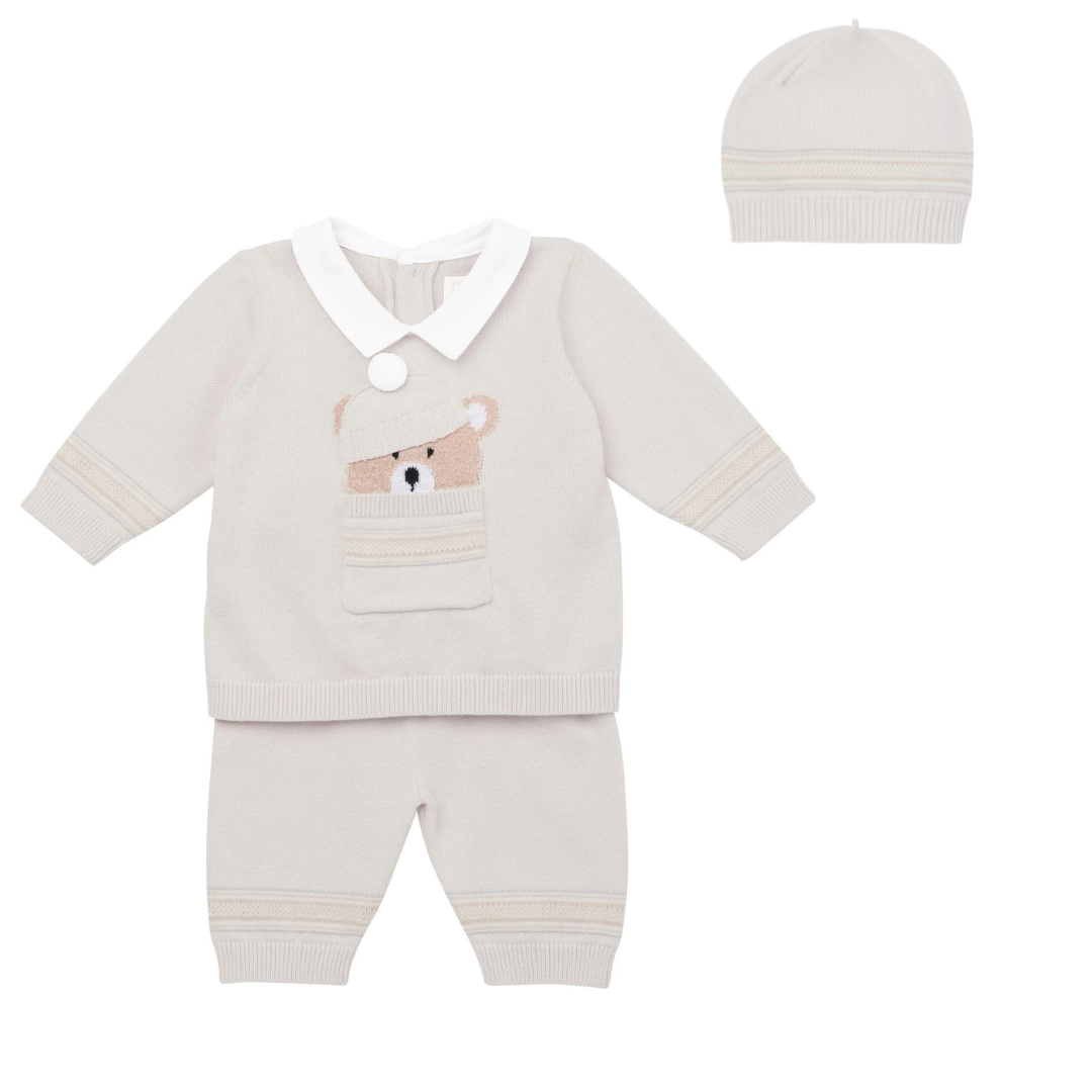 Emile Et Rose HUDSON Beige & White Knit Teddy Bear Trouser Set With Hat