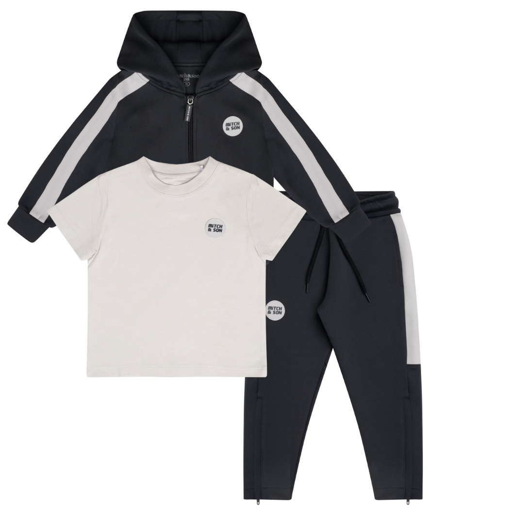 Mitch & Son Junior CALVIN & CHRISTOPHER Dark & Stone Grey Three Piece Zipper Hoody Tracksuit