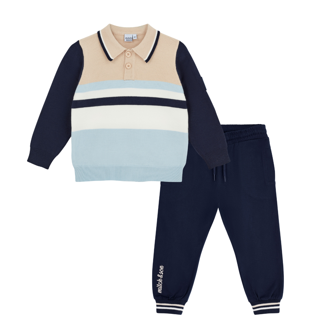 Mitch & Son Boys SEBASTIAN & SULLIVAN Beige & Navy Polo Trousers Set
