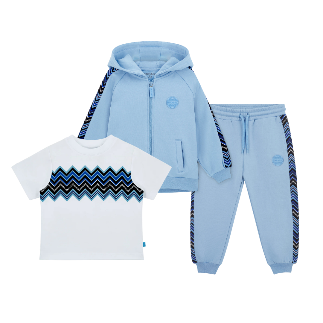 Mitch & Son Boys WARREN & WALLACE Blue & White Zig Zag Three Piece Tracksuit