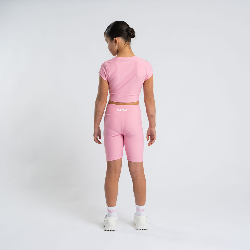 PREORDER SS26 Bonini ASPIRE Pink & White Logo Short Sleeve Ruched Top