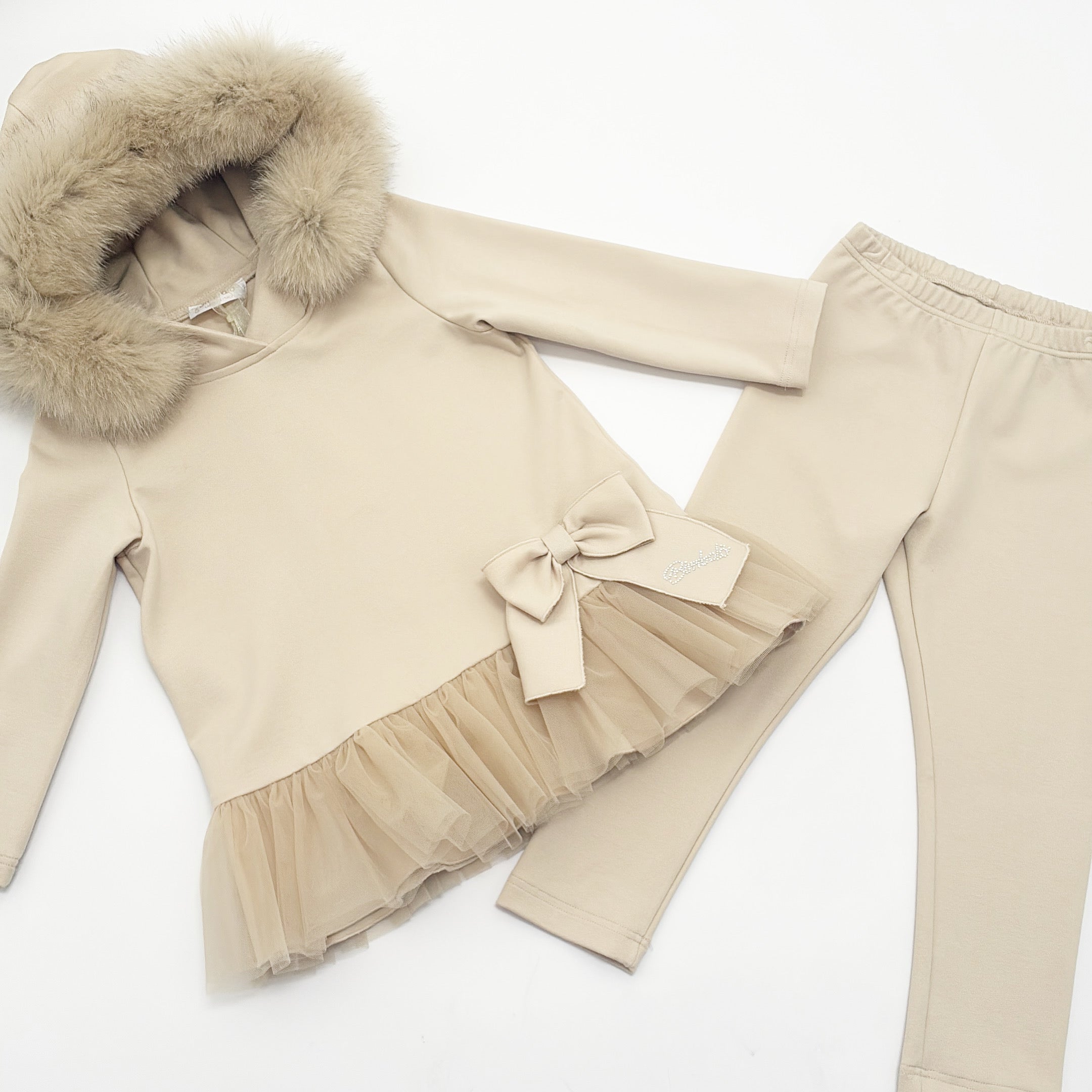 AW25 Bimbalo Beige Fur Tulle Bow Leggings Set