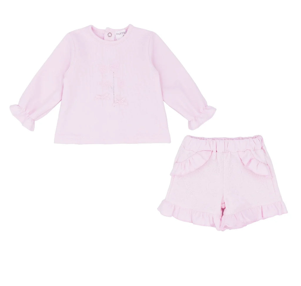 AW23 Pastels & Co ADELAIDE Pink Floral Gem Bows Frill Shorts Set