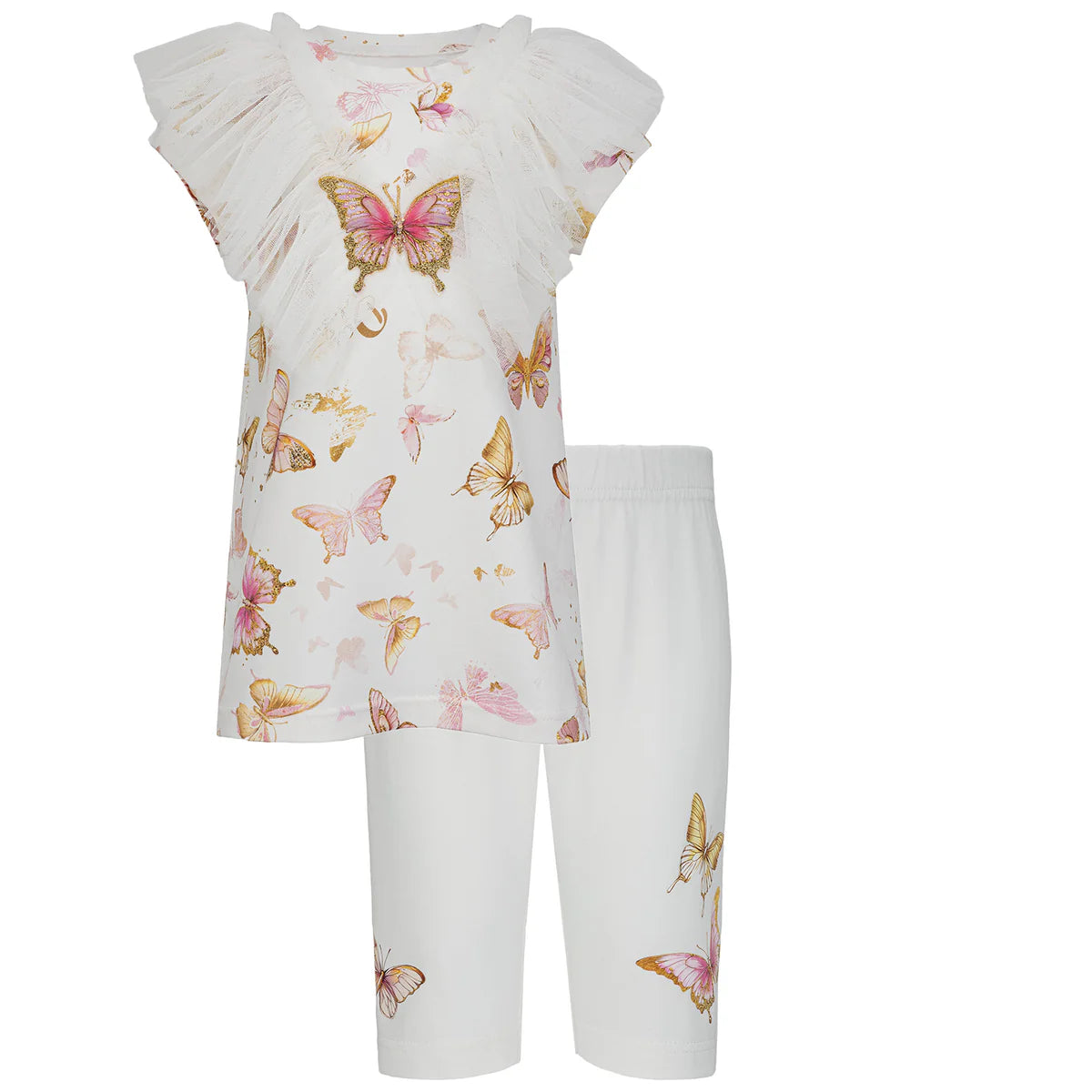 SS26 Daga White Gold & Pink Butterfly Tulle Frill Leggings Set
