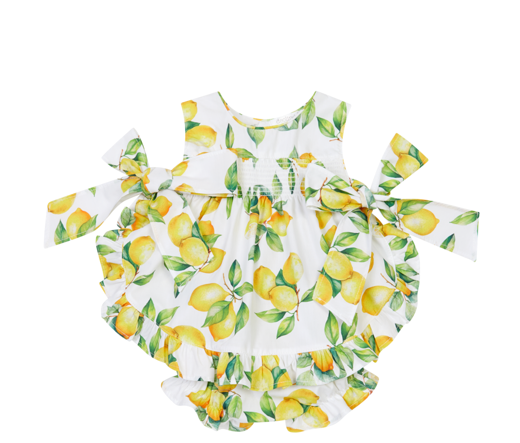 SS26 Deolinda White Yellow & Green Lemons Bow Dress & Knickers Set