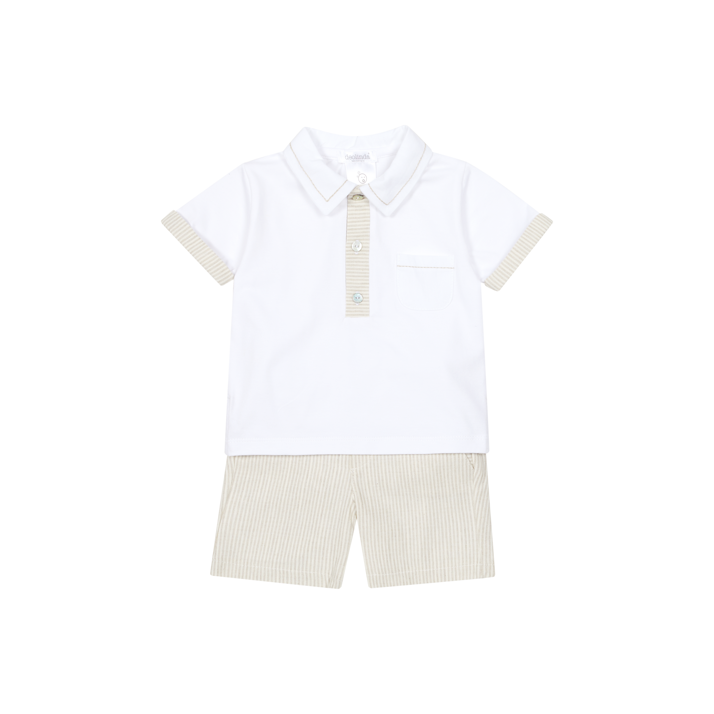 SS26 Deolinda Beige & White Pocket Striped Polo Shorts Set