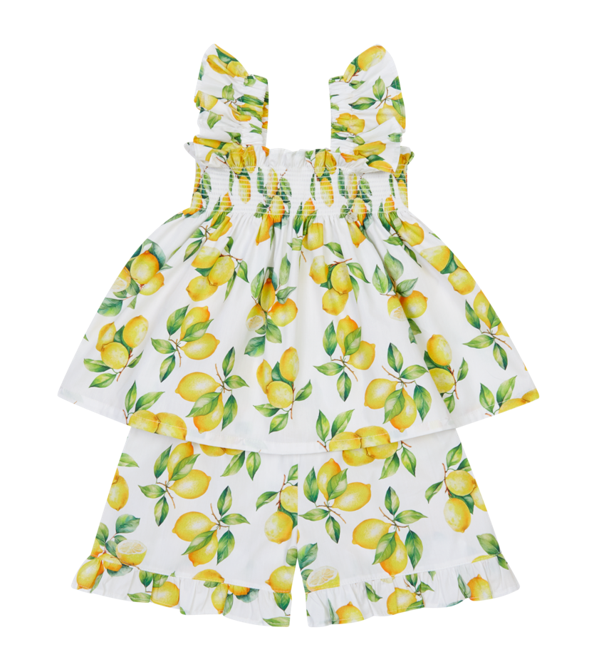 SS26 Deolinda White Yellow & Green Lemons Bow Shorts Set