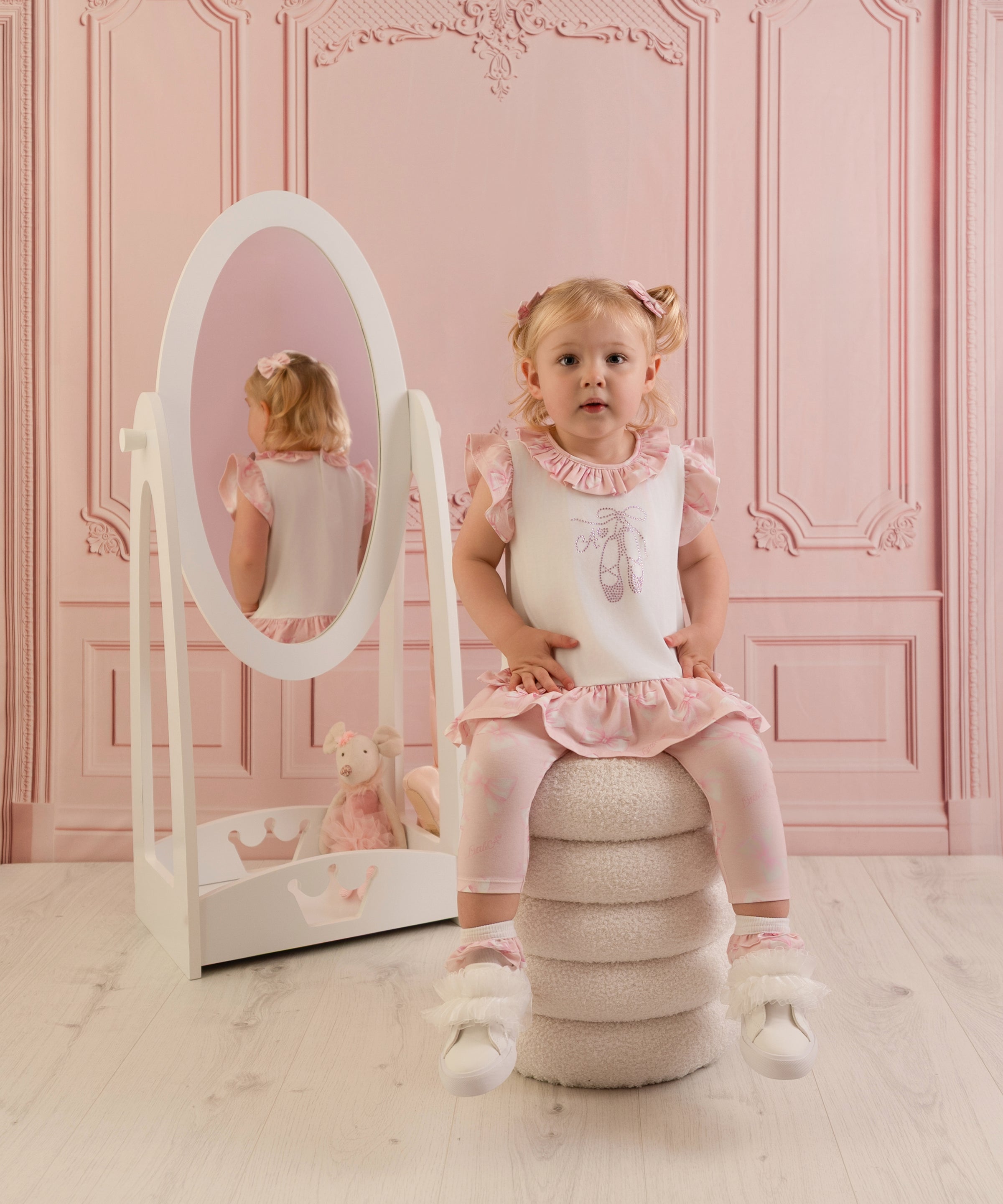 PREORDER SS26 Little A ORIANA Pink Ballet Shoes Bow Print Leggings Set
