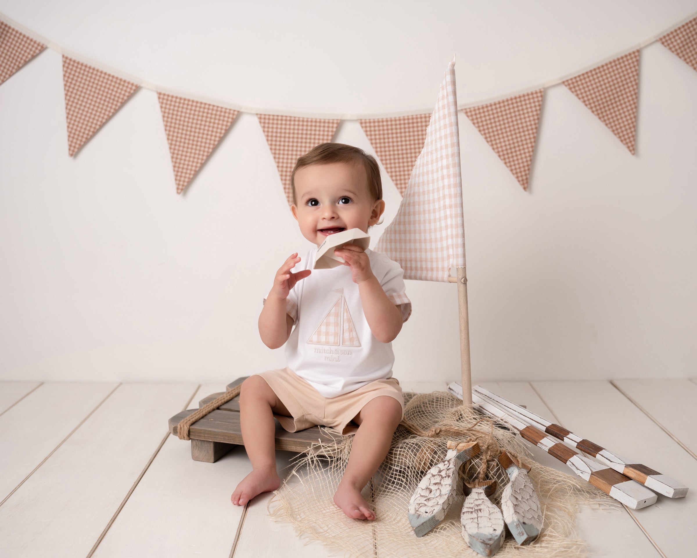 Mitch & Son Mini SKYLAR Sand Gingham Boat Short Set