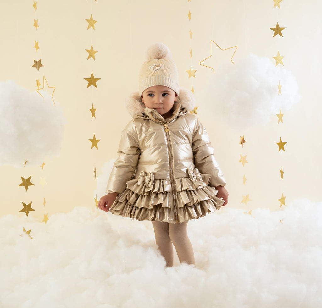 AW23 Little A FAITH Light Gold Faux Fur Trimmed Padded Bow Frill Jacket / Coat