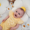 SS25 Little A BAILEY Yellow Seersucker Bow Logo Frill Romper