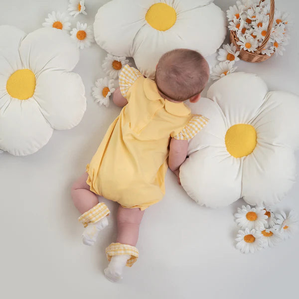 SS25 Little A BAILEY Yellow Seersucker Bow Logo Frill Romper