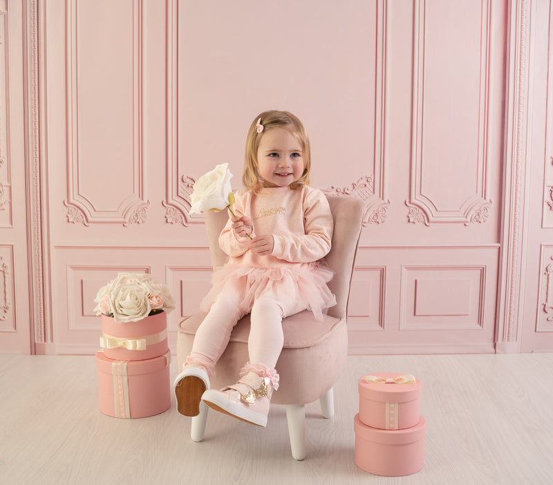 AW23 Little A EMMA Baby Pink Logo Lurex Frill Leggings Set